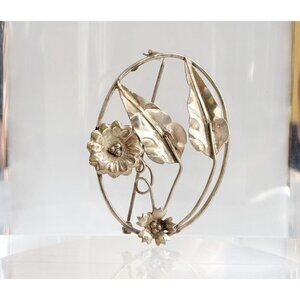 Art Nouveau Floral Polished Sterling Silver Foliage 925 Accented Classic Brooch